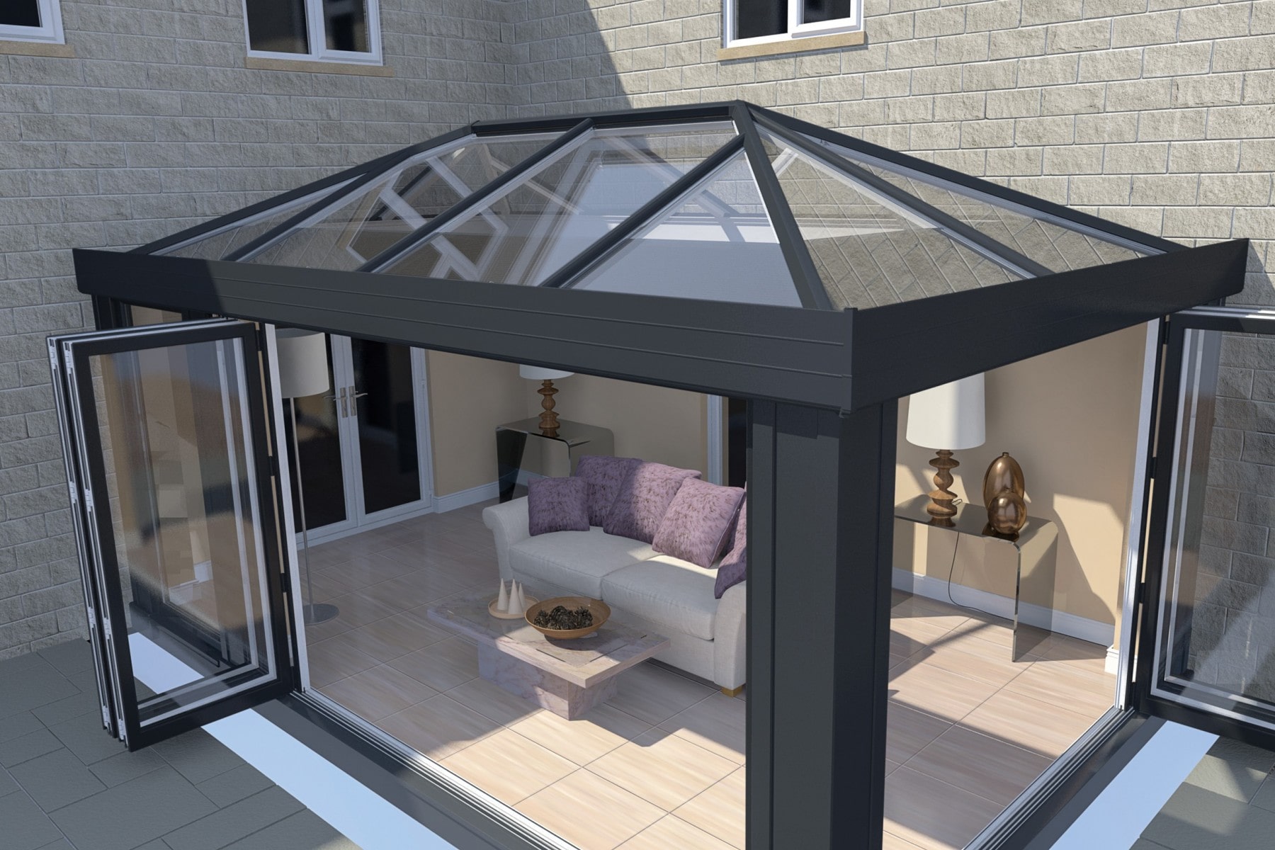 A decorated ultraframe orangery with bi fold doors wide open being viewed by someone coinciding the right option  